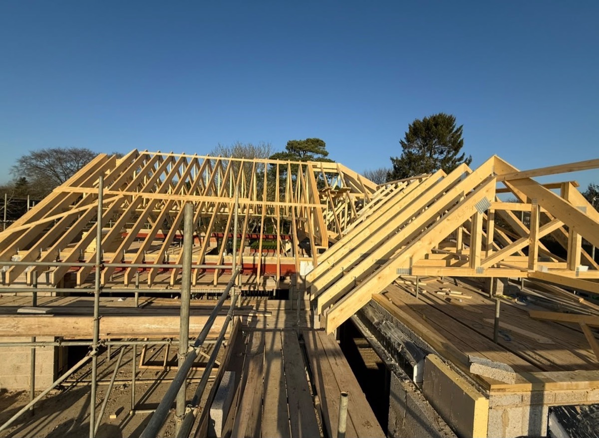 Timber roof trusses and steel beams from scaffolding level