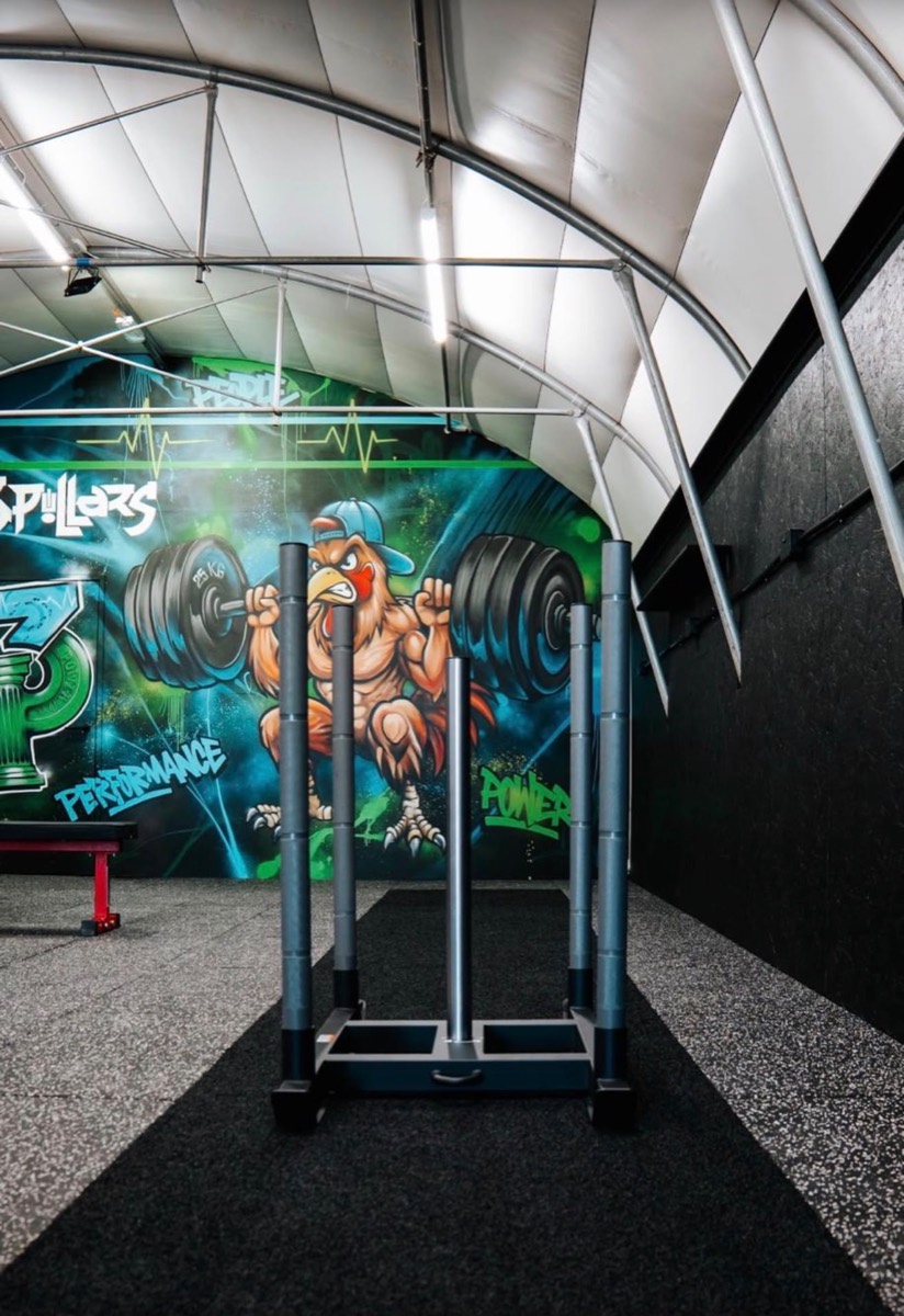 Finished gym interior with mural, sled track and training kit